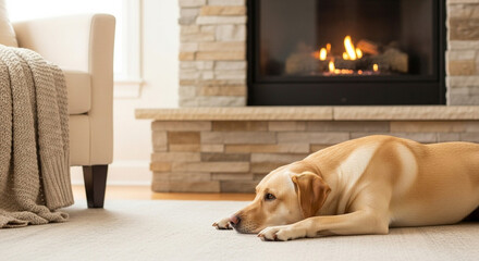 Yellow Labrador dog resting on carpet by cozy fireplace at home  
