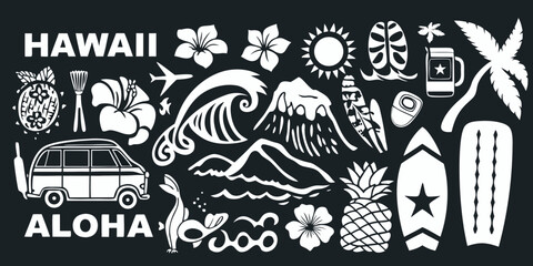 Hawaii aloha tropical island paradise vacation symbols and icons collection