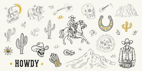Western cowboy elements collection with howdy text and desert landscape illustrations