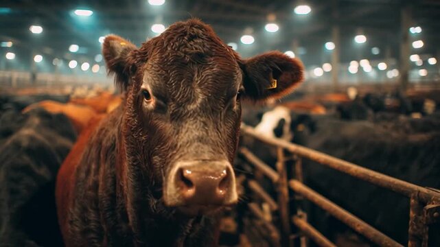 Stressed Beef Bullock in Crowded Livestock Mart Under Harsh Artificial Lights