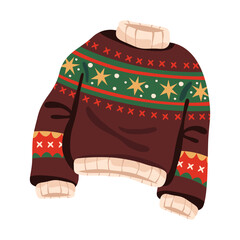 Christmas winter sweater or holiday clothing. Vector apparel for seasonal festive. New year gift, Xmas traditional present. December family fashion. Knitted cloth icon. Wool textile, pullover garment.