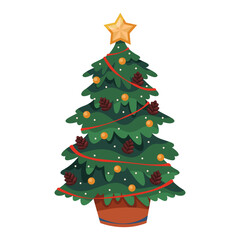 Vector Christmas or New Year tree. Evergreen decorated spruce, fir or pine with baubles and garlands, ribbons and star. Winter holiday and festive, seasonal celebration symbol. Gift, present tradition