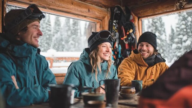 Friends Enjoying Hot Drinks in Mountain Hut After Skiing