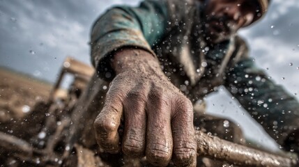 Farmer working with mud and water