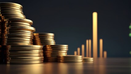 Pile of coins on table with city skyline in the background and.