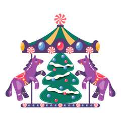 New year carousel or Christmas attraction. Vector cartoon winter holiday toy. Flat icon of child or kid merry go round with horse. Spinning childhood Xmas decoration or seasonal festive roundabout.