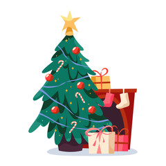 New year tree or Christmas fir. Vector decorated flora near fireplace and gift boxes. Winter holiday spruce with socks garland and star bauble, candy, present. Seasonal celebration and festive. Xmas.