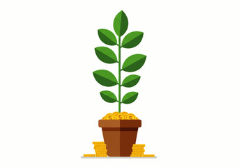 Illustration of a plant growing from a pot filled with gold coins, with more coins stacked at the base, symbolizing financial growth.