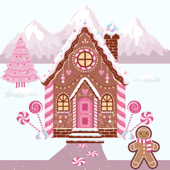 Whimsical Pink Gingerbread House Winter Wonderland with Candy Cane Decor
