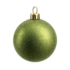 A festive glitter green Christmas ornament with a gold top shown isolated on a black background