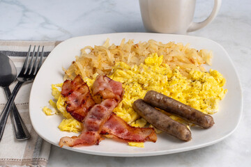 scramble eggs  with bacon  and sausage