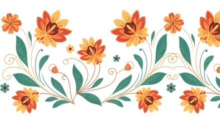 Colorful floral Mexican pattern, symmetrical folk-inspired design, warm reds, oranges, yellows, decorative composition.