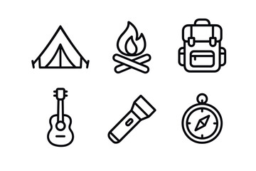 Camping essentials icons set tent, campfire, backpack, guitar, flashlight, compass in simple outline style