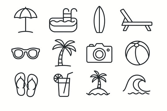 Summer beach essentials icon set featuring tropical vibes and beach activities in linear style