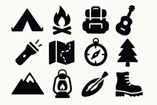 Camping adventure icons essential outdoor tools in bold silhouette design