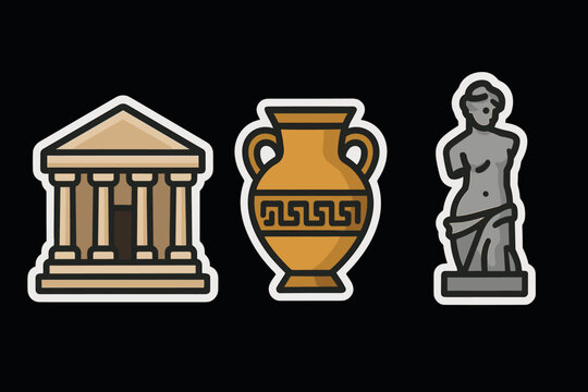 Greek culture icons temple, amphora, and venus de milo sticker set