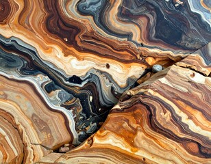Abstract rock face with swirling patterns in orange, brown, gray, and black tones