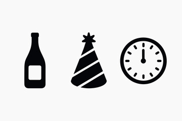 Festive new year icons bottle, party hat, and midnight clock silhouettes