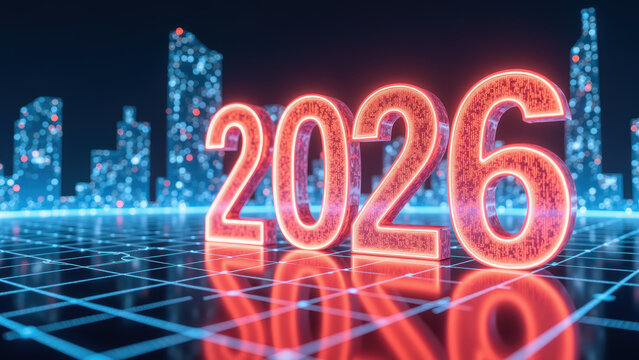 Futuristic cityscape with glowing numbers representing year 2026, showcasing vibrant digital environment