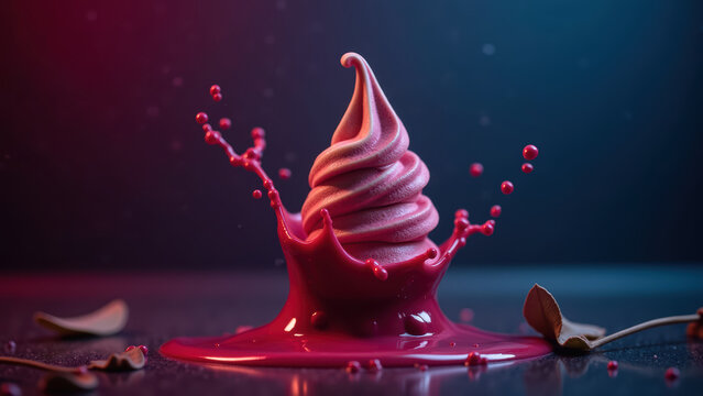 Delicious soft serve ice cream with vibrant pink color splashing in puddle, creating playful and artistic scene - Powered by Adobe