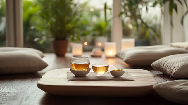 Peaceful meditation space with a cup of calming chamomile tea on a wooden table surrounded by candles and soft cushions promoting tranquility and mindfulness in a serene setting