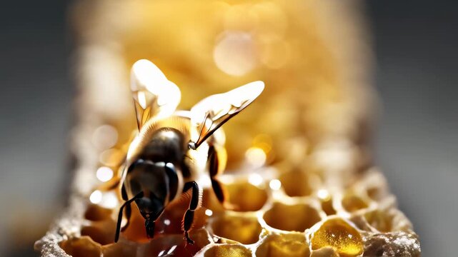 The Busy Bee's Buzz: A close-up captures a bee amidst the intricate, hexagonal pattern of honeycomb, wings in mid-flight and bathed in a golden glow.