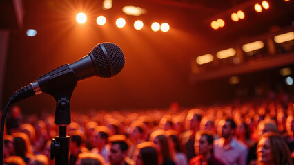 Obraz premium Microphone stands prominently stage, illuminated by warm lights, with large audience background, creating atmosphere of anticipation