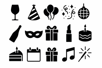 Festive celebration icons party hats, balloons, gifts, and music in black silhouettes