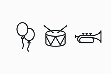 Simple festive icons featuring balloons, drum, and trumpet in linear design