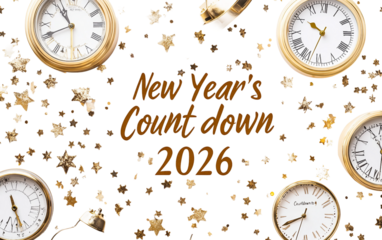 New Years Eve countdown to 2026 banner with clock and sparkling decorations symbolizing joy and celebration isolated on white background PNG