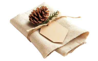 Cozy seasonal decoration showing napkin arrangement with pinecone detail symbolizing gratitude and warmth isolated on white background PNG