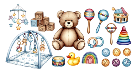 Collection of cute baby toys and nursery items isolated on transparent background
