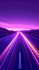 Vibrant purple streaks of light illuminate a highway vanishing into a twilight horizon