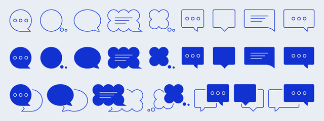 Speech bubble icons. Dialog  balloon frames, chat message symbols for conversation app line and flat style, comment and contact web design, blank empty talk bubbles. Vector set