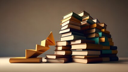 Pile of books on table next to stack of folded books table.
