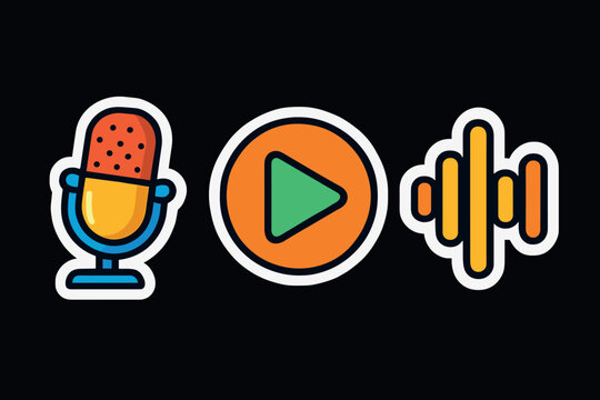 Colorful podcast icons with microphone, play button, and sound wave on black background