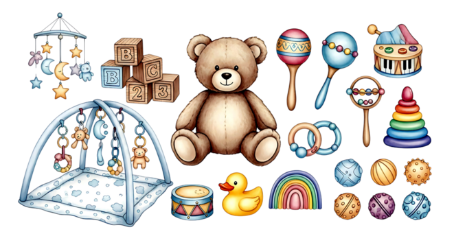 Collection of cute baby toys and nursery items isolated on transparent background