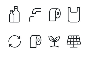 Line icons of ecofriendly products and waste management items for sustainable living