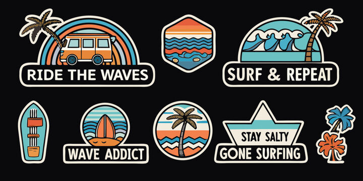 Collection of retro surf inspired stickers with van waves surfboards and palm trees