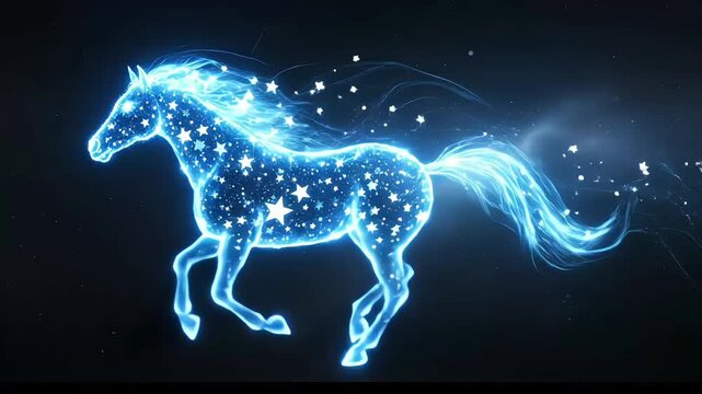 A glowing horse with starry patterns galloping through a mystical night.