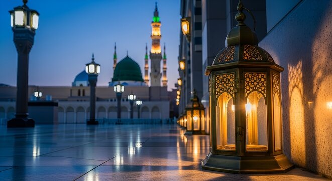 ​Iconic Al-Masjid an-Nabawi in Medina, Saudi Arabia, at twilight. A glowing antique brass lantern rests on the marble courtyard, with the majestic Green Dome and minarets in the background
