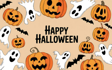 Vibrant Halloween Party Invitation Banner: Cute Ghosts, Black Cats, Bat, and Jack-o-Lantern Icons on a Seamless Purple Pumpkin Background