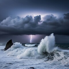 Dramatic seascape with crashing waves and a distant lightning strike illuminating the stormy sky over the ocean, creating a powerful and aweinspiring scene