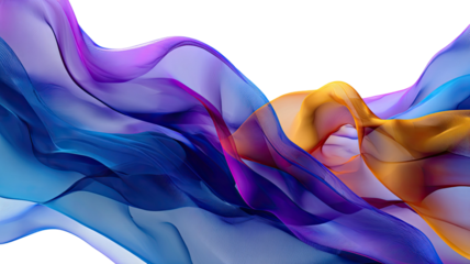 Colorful flowing abstract fabric waves with soft blue purple and orange gradient motion isolated on white background