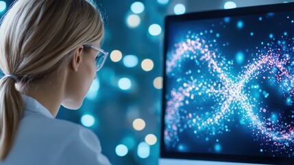 Genetic Geneticist analyzing a DNA strand on a computer, discovering genetic patterns in research.