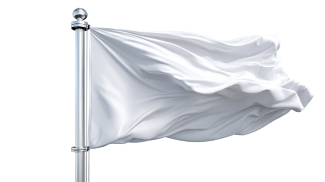 White silk flag waving smoothly on metallic pole with soft fabric folds and realistic texture isolated on white background