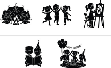 Children activity silhouette set, black vector icons of kids camping, dancing, painting, reading, and celebrating birthday