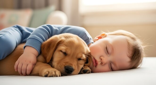 Baby and puppy sleeping together indoors day time close up shot