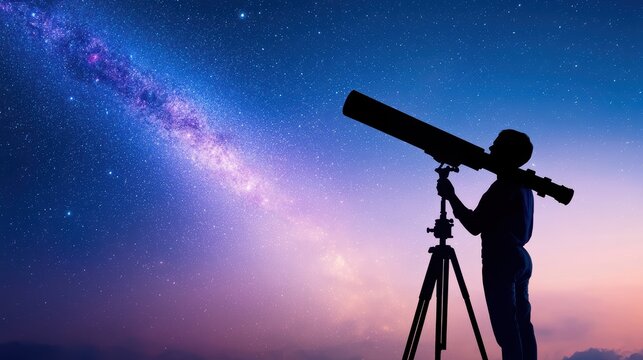 Galaxy Astronomer observing distant stars and galaxies through a high powered telescope at night.