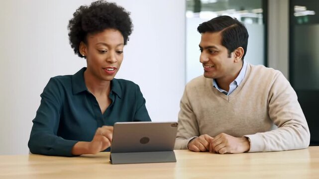 Wide video of two diverse adults collaborating on a digital tablet at a modern corporate learning hub. One mentor gently guides; business-casual attire, clean, light-colored table, shallow depth of